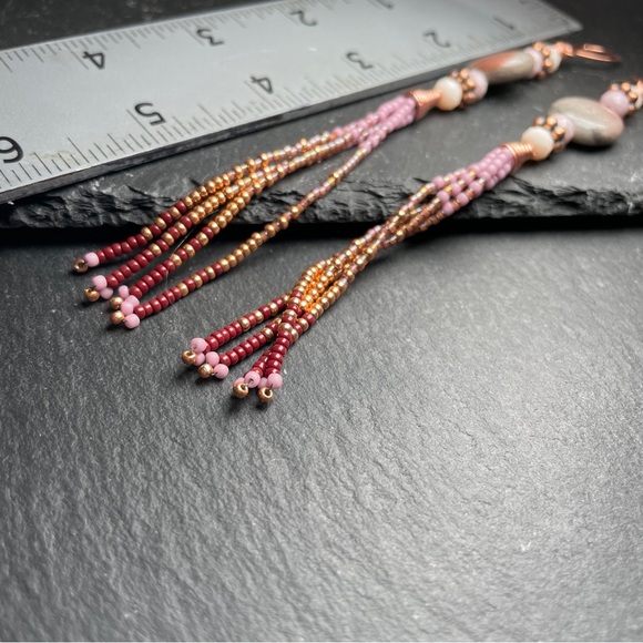 CCO REDUCED Elegant Gray And Pink Agate Beaded Dangle Fringe Earrings - Picture 15 of 15